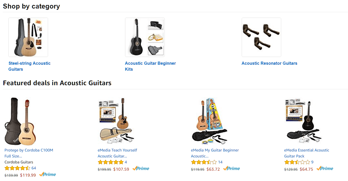 Amazon product category page for guitars